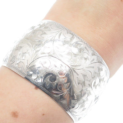 950 Silver Antique Japan Engraved Floral Leaf Adjustable Wide Cuff Bracelet 6.5"