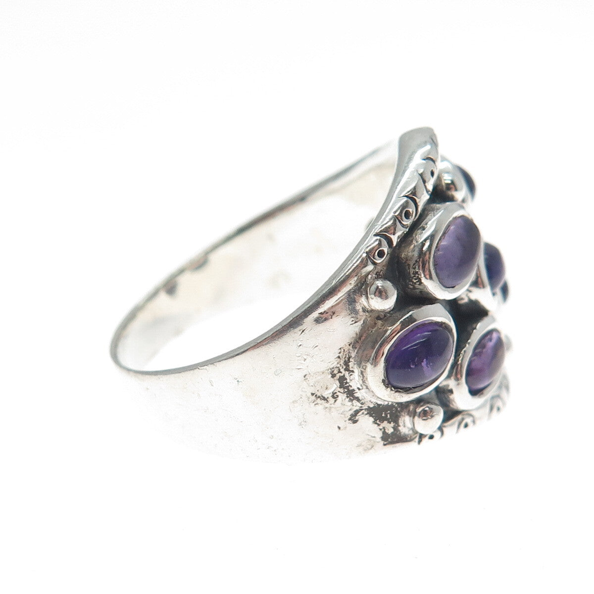 925 Sterling Silver Vintage Real Amethyst Modernist Oxidized Ring Size 9.75