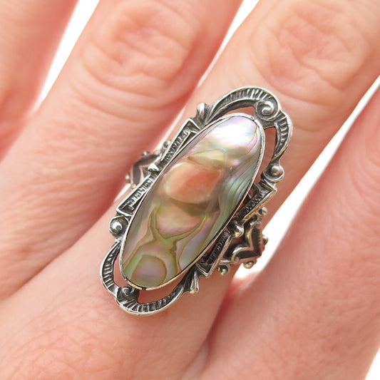 925 Sterling Silver Antique Art Deco Real Blister Pearl Oxidized Ring Size 6.75