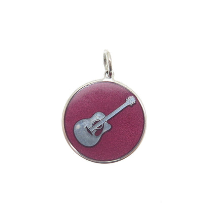 TOKEMOTI 925 Sterling Silver Enamel Guitar Minimalist Round Tag Charm Pendant