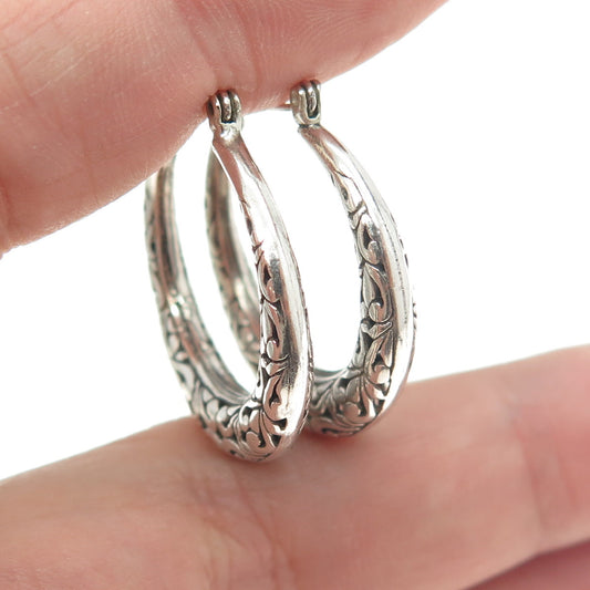 925 Sterling Silver Vintage Ornate Hinged Hoop Earrings