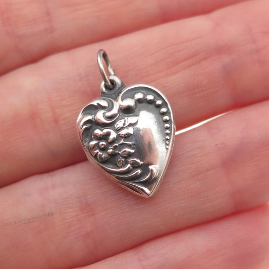 925 Sterling Silver Antique Art Deco Floral Heart Chatelaine Charm Pendant