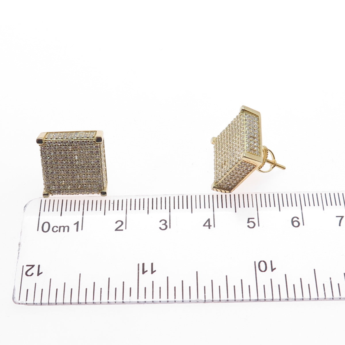 925 Sterling Silver Gold Plated Round-Cut C Z Square Stud Earrings