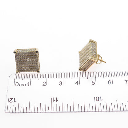 925 Sterling Silver Gold Plated Round-Cut C Z Square Stud Earrings