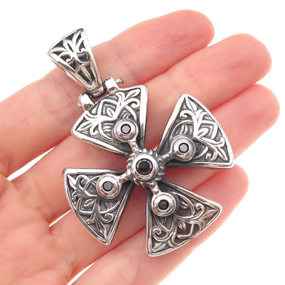 925 Sterling Silver Vintage Real Black Spinel Maltese Cross Oxidized Pendant