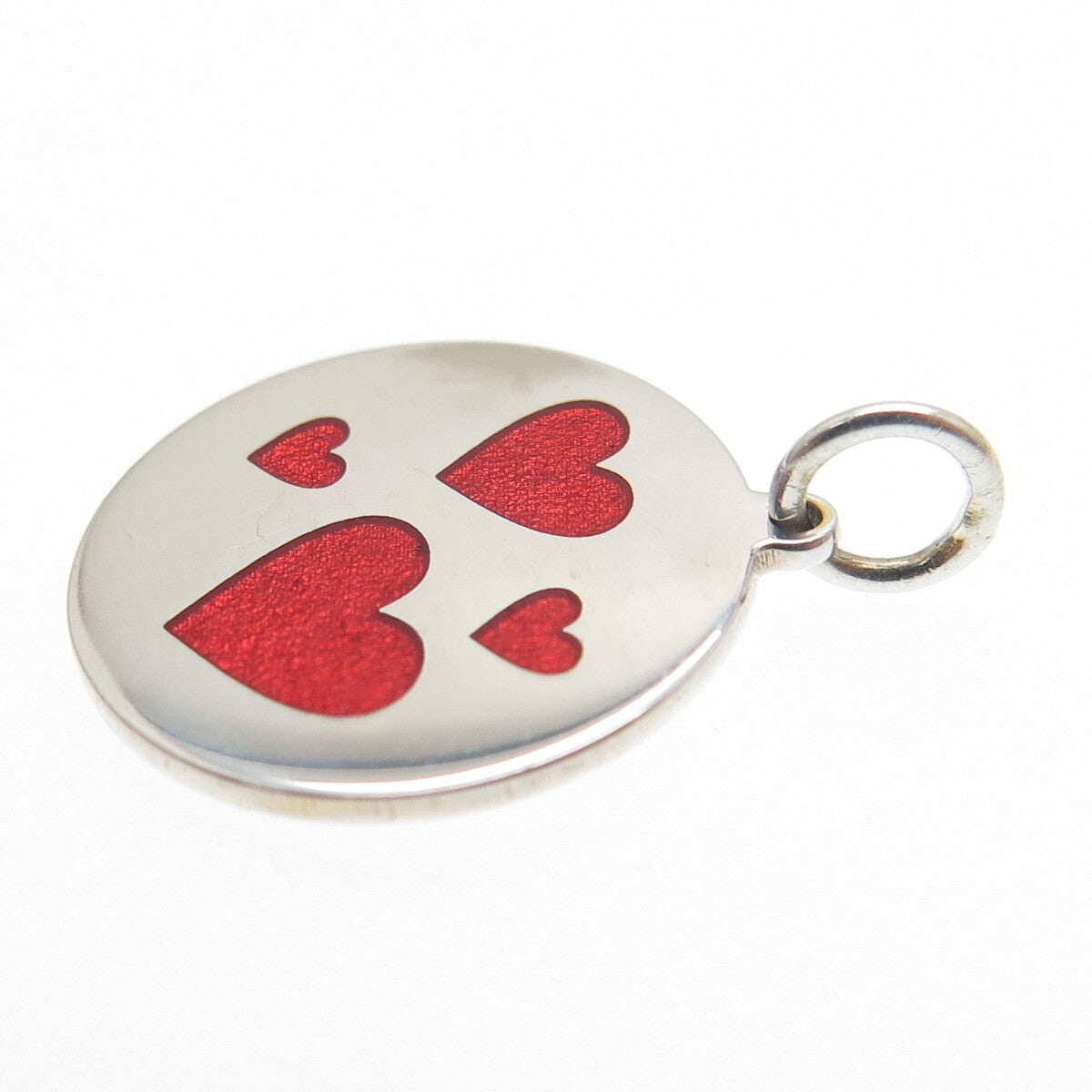 925 Sterling Silver Red Enamel Family Heart Round Tag Minimalist Charm Pendant