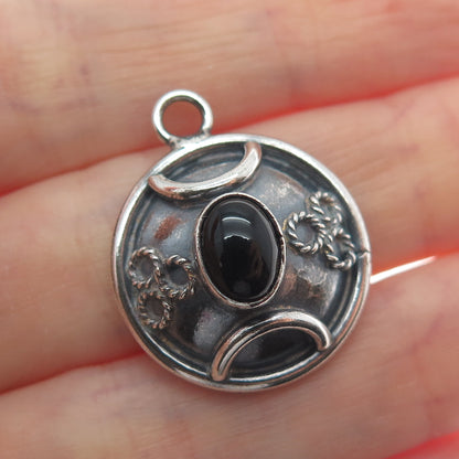 METSA 925 Sterling Silver Vintage Real Black Onyx Ornate Oxidized Charm Pendant