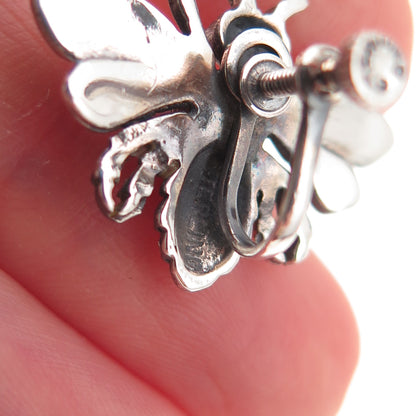 925 Sterling Silver Antique Art Deco Rhinestone Bee Oxidized Screw Back Earrings