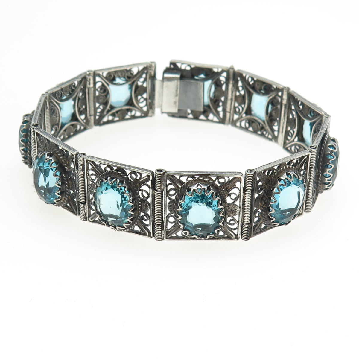 800 Silver Vintage Italy Blue Glass Filigree Panel Link Bracelet 7.25"