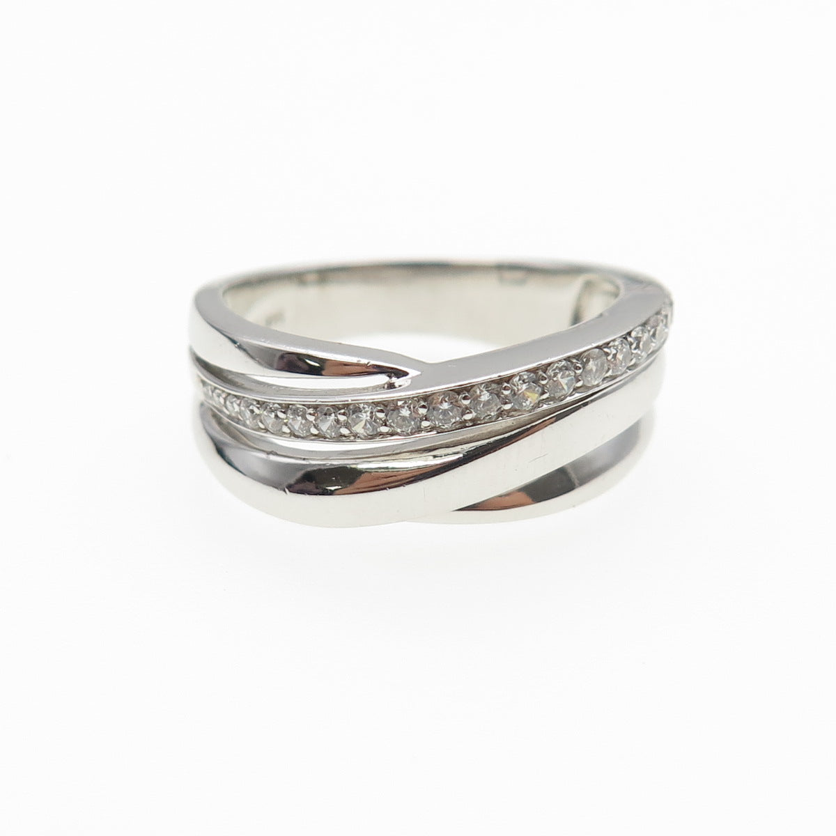 925 Sterling Silver Round-Cut C Z Crisscross Ring Size 6.5