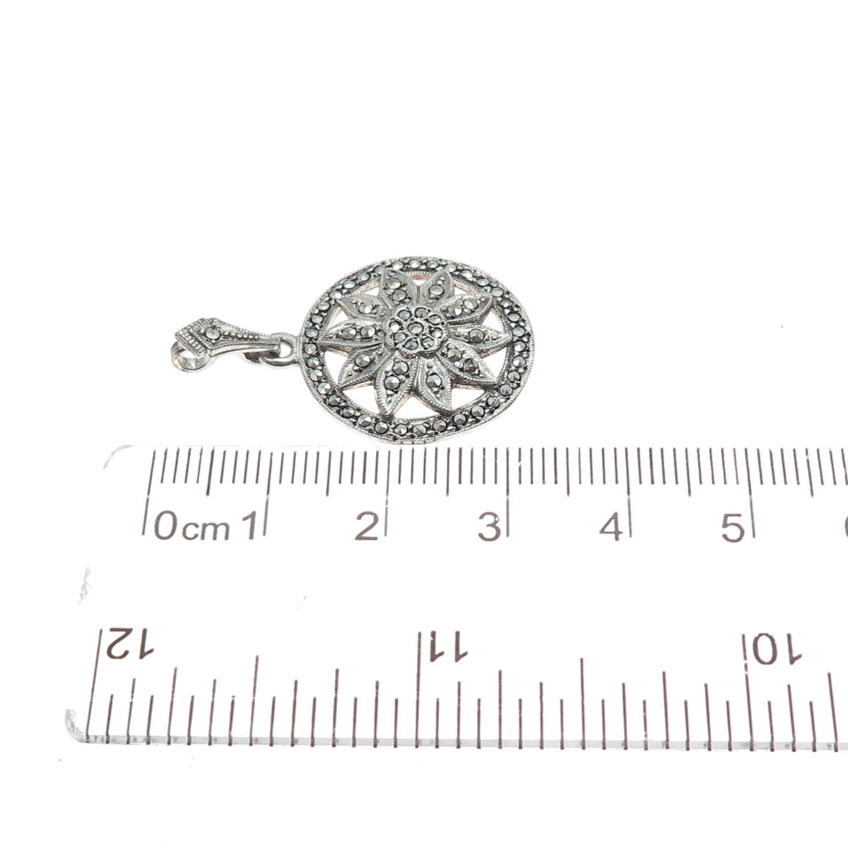 925 Sterling Silver Antique Art Deco Real Marcasite Flower Charm Pendant