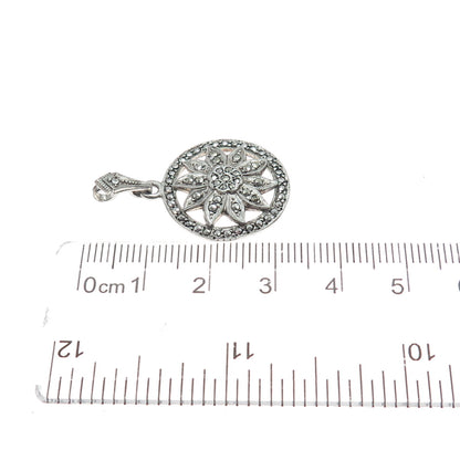 925 Sterling Silver Antique Art Deco Real Marcasite Flower Charm Pendant