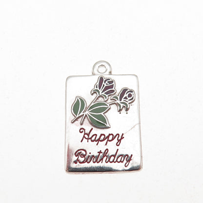 BEAU 925 Sterling Silver Vintage Enamel Happy Birthday Rose Mini Charm Pendant
