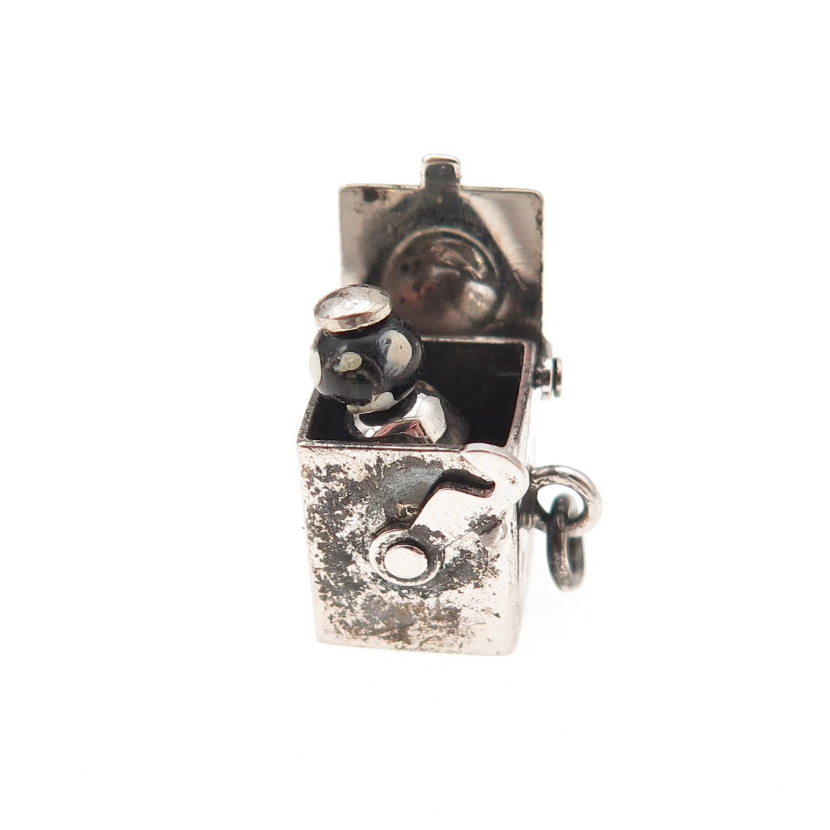 925 Sterling Silver Antique Art Deco Enamel Jack in the Box Open Charm Pendant