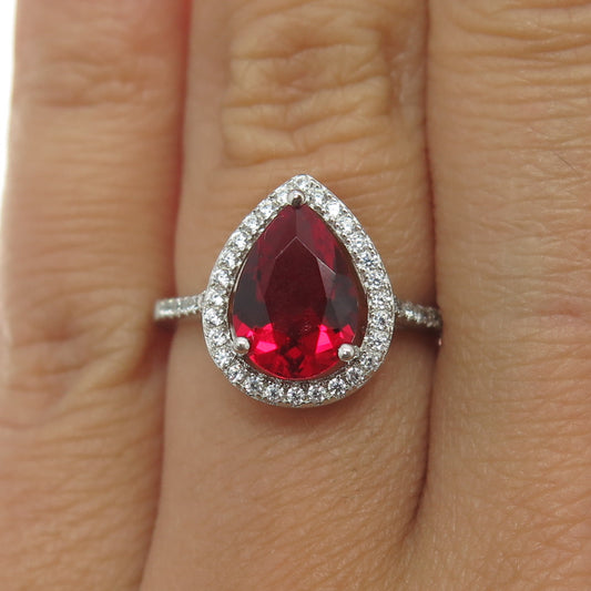 CHUCK CLEMENCY 925 Sterling Silver Pear-Cut Red & Round White C Z Ring Size 6