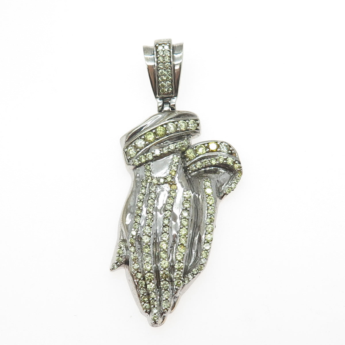 925 Sterling Silver Vintage Round-Cut Canary & White C Z Praying Hands Pendant