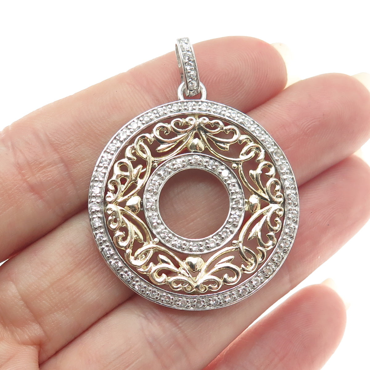 925 Sterling Silver 2-Tone Round-Cut C Z Floral Circle Pendant