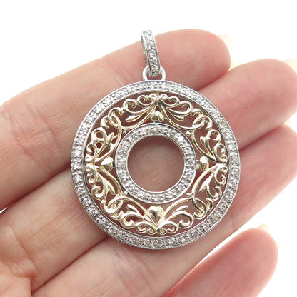 925 Sterling Silver 2-Tone Round-Cut C Z Floral Circle Pendant