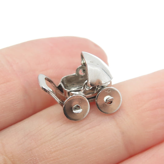 925 Sterling Silver Vintage Baby Carriage Minimalist 3D Charm Pendant