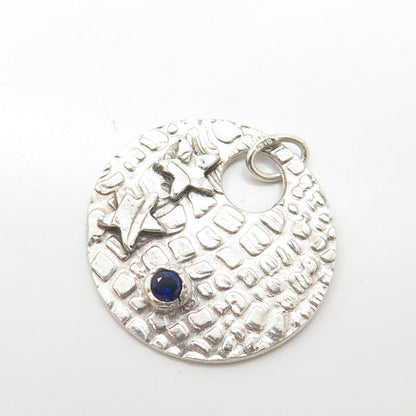 925 Sterling Silver Vintage Lab-Created Sapphire Star Round Amulet Pendant