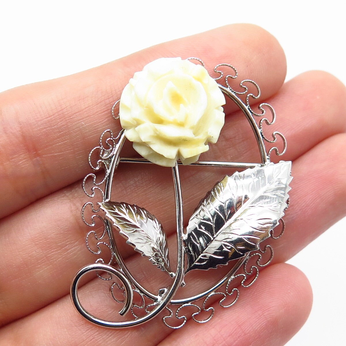 925 Sterling Silver Vintage BEAU Real Shell Rose Floral Pin Brooch