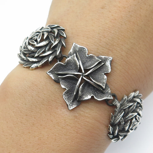 925 Sterling Silver Vintage Mexico Floral Leaf Oxidized Bracelet 8"