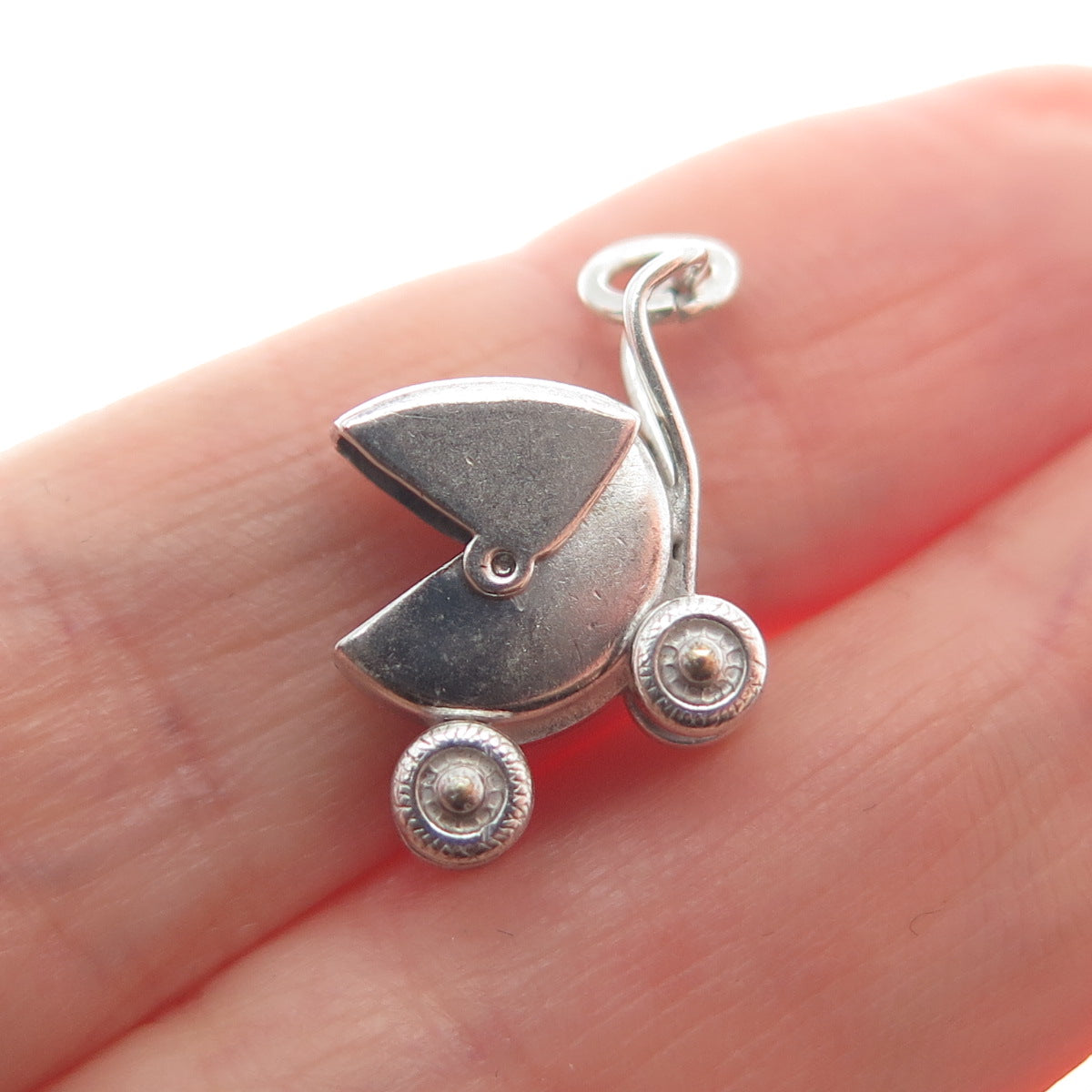 CARL ART 925 Sterling Silver Antique Baby Carriage Minimalist 3D Charm Pendant