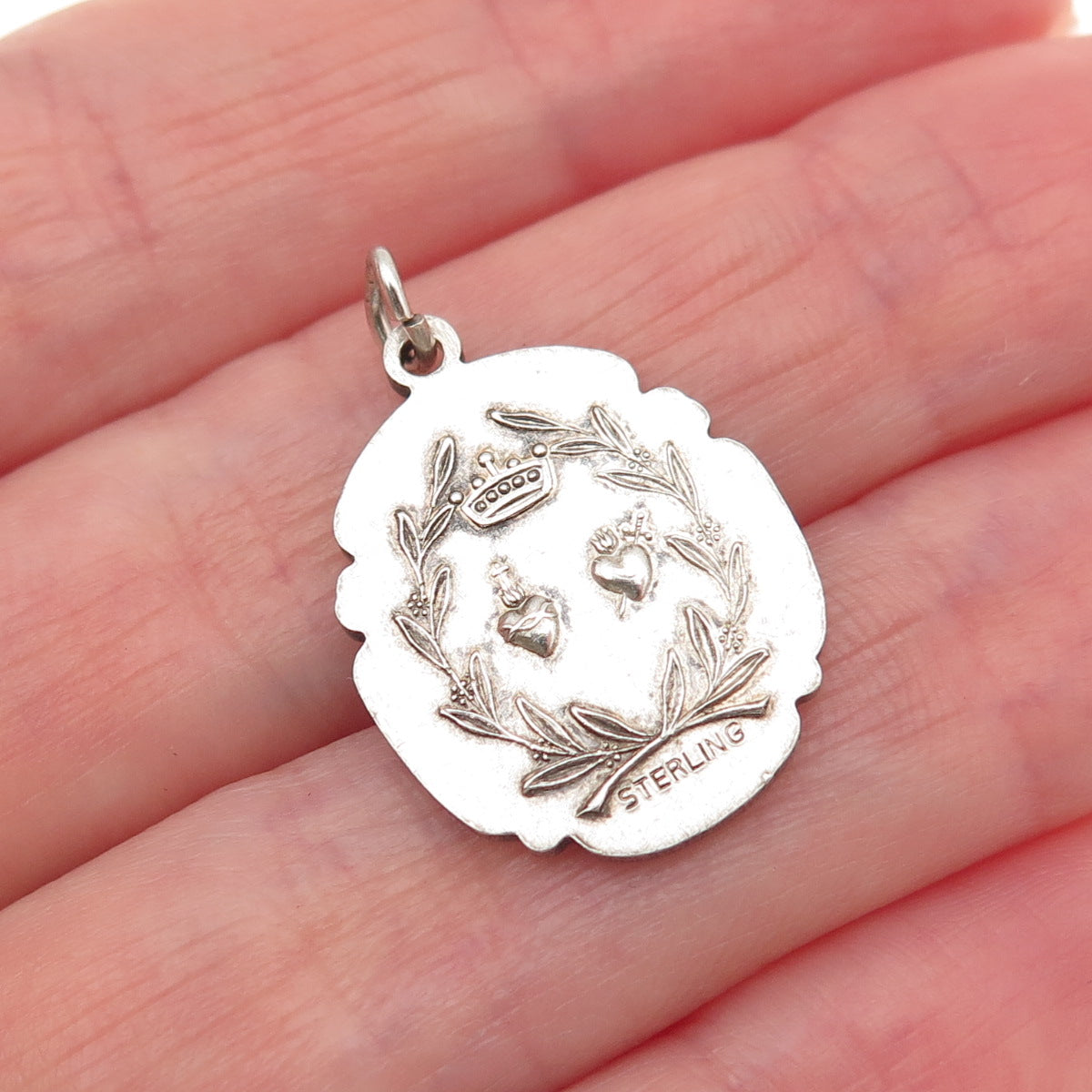 925 Sterling Silver Antique Art Deco St. Mary Miraculous Oxidized Charm Pendant