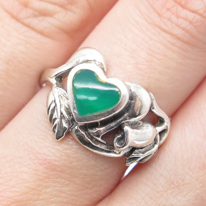 925 Sterling Silver Vintage Real Green Onyx Flower Oxidized Ring Size 9.25