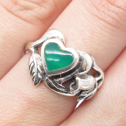 925 Sterling Silver Vintage Real Green Onyx Flower Oxidized Ring Size 9.25