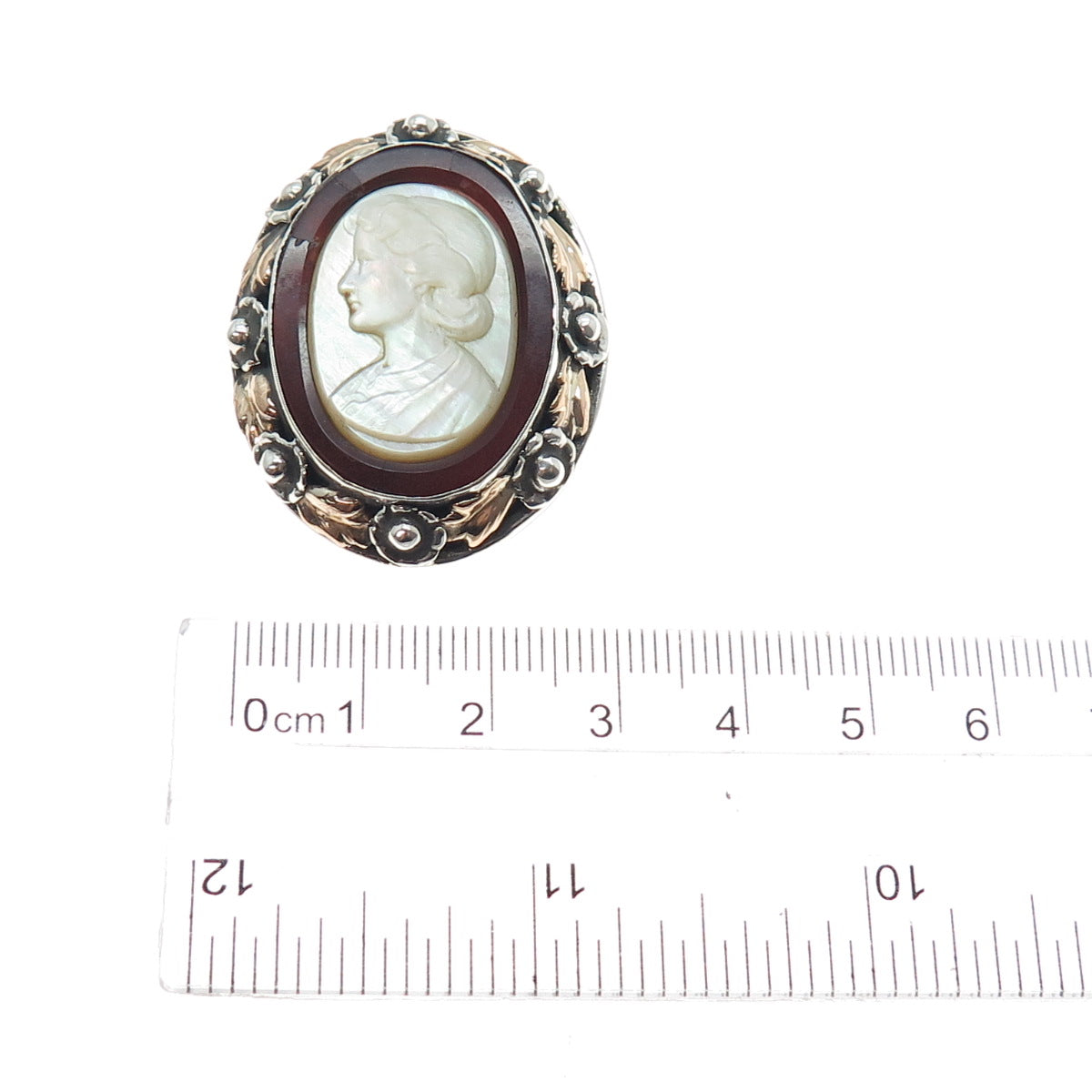 925 Sterling Silver Gold Antique Real MOP & Carnelian Lady Cameo Pin Brooch