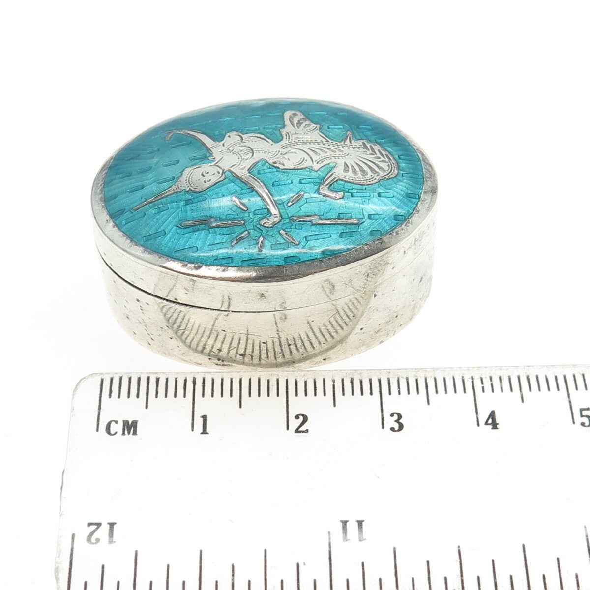 925 Sterling Silver Antique Siam Enamel Niello Hindu Goddess Pill / Snuff Box