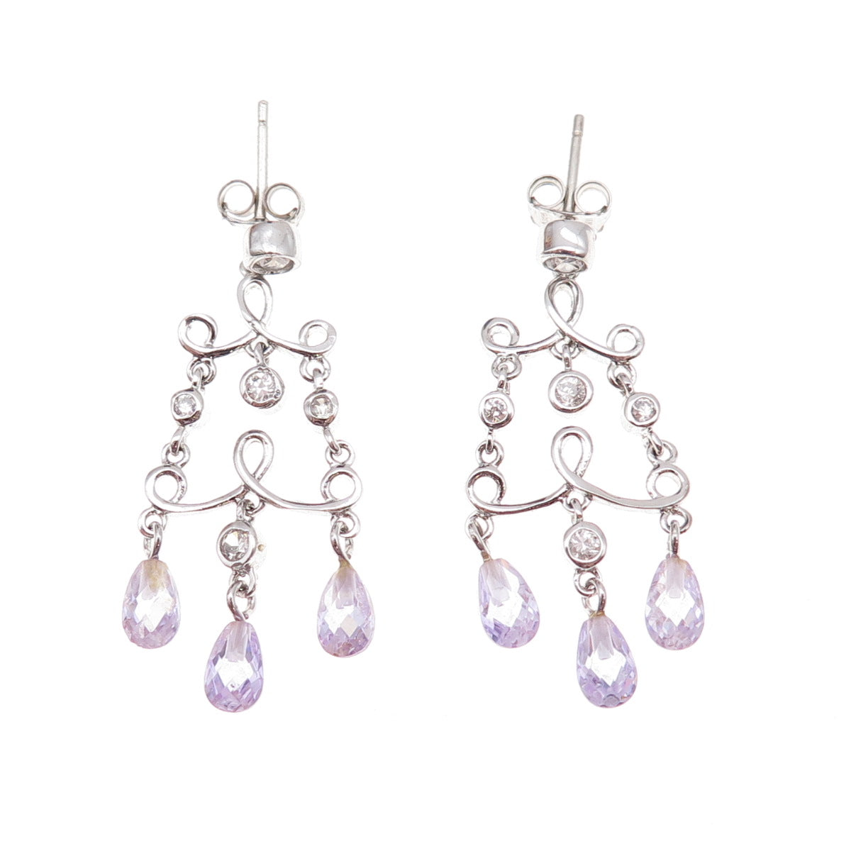 925 Sterling Silver Real Amethyst & C Z Chandelier Dangle Earrings
