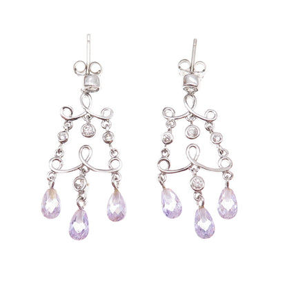 925 Sterling Silver Real Amethyst & C Z Chandelier Dangle Earrings