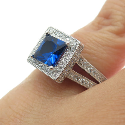 925 Sterling Silver Lab-Created Blue Sapphire & C Z Ring Size 5.25