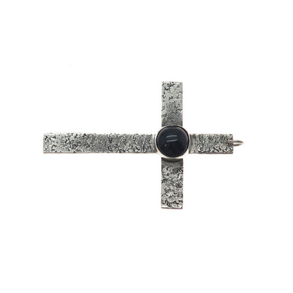 925 Sterling Silver Vintage Real Black Onyx Nugget Cross Oxidized Pendant