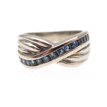 925 Sterling Silver Vintage Real Sapphire Crisscross Ring Size 7.25