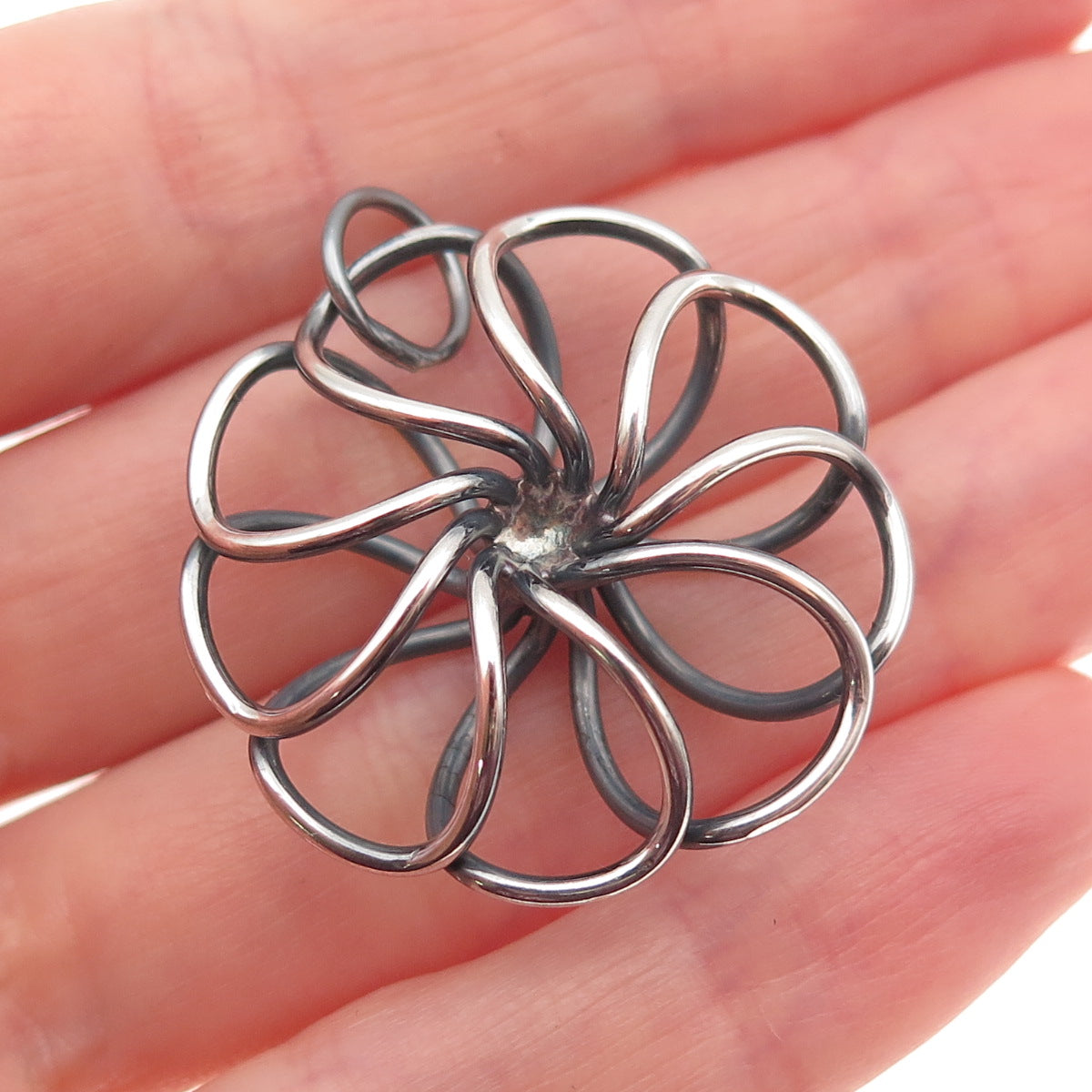 925 Sterling Silver Vintage Modernist Flower Oxidized Charm Pendant