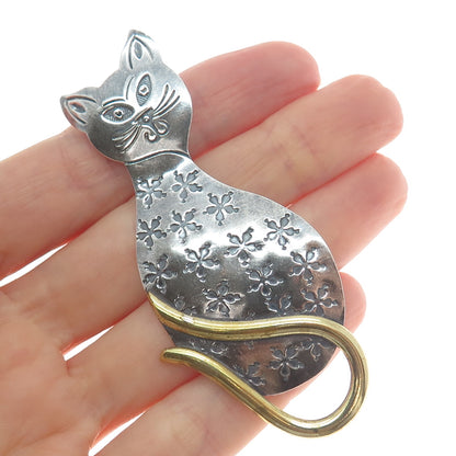 925 Sterling Silver 2-Tone Vintage Mexico Modernist Cat Oxidized Pin Brooch