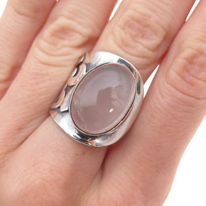 925 Sterling Silver Vintage Real Rose Quartz Om Mantra Adjustable Ring Size 8.5