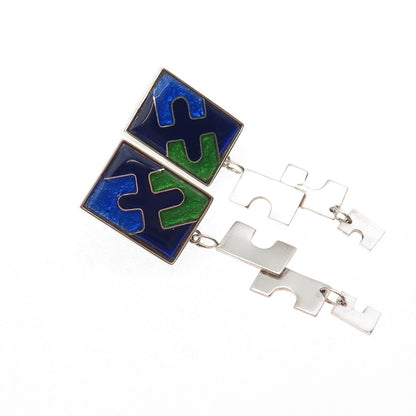 Pino 925 Sterling Silver Vintage Cloisonne Enamel Puzzle Dangle Earrings