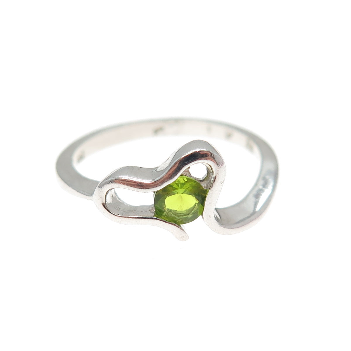 925 Sterling Silver Real Round-Cut Peridot Modernist Heart Ring Size 8