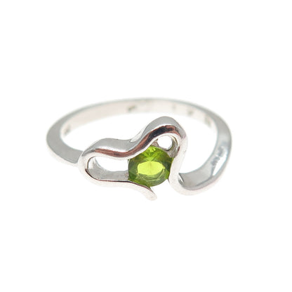 925 Sterling Silver Real Round-Cut Peridot Modernist Heart Ring Size 8