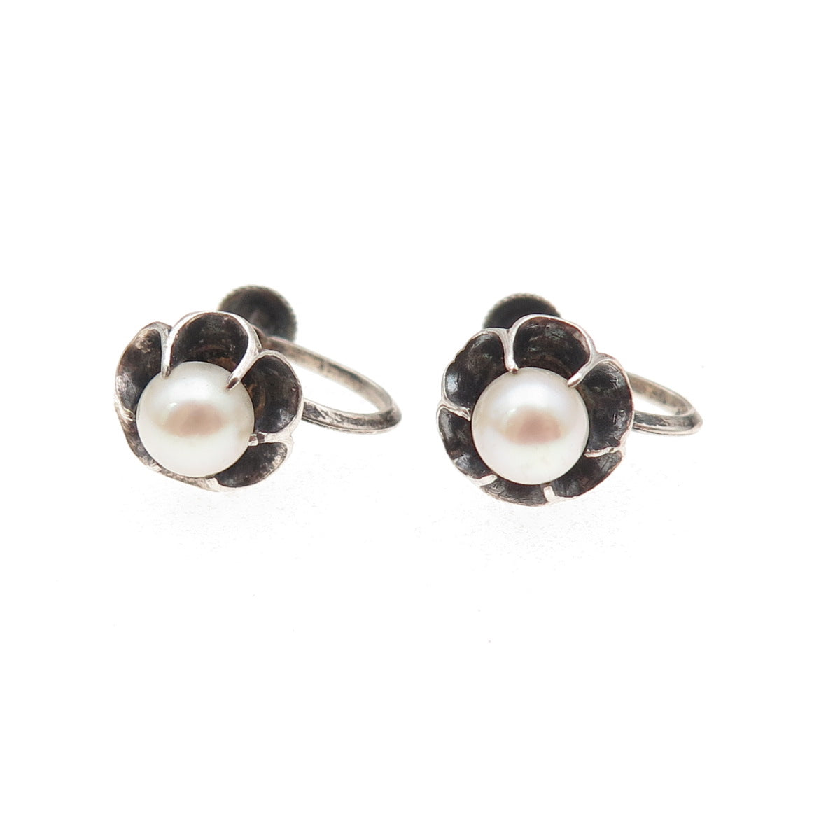 925 Sterling Silver Antique Real Akoya Pearl Floral Oxidized Screw Back Earrings