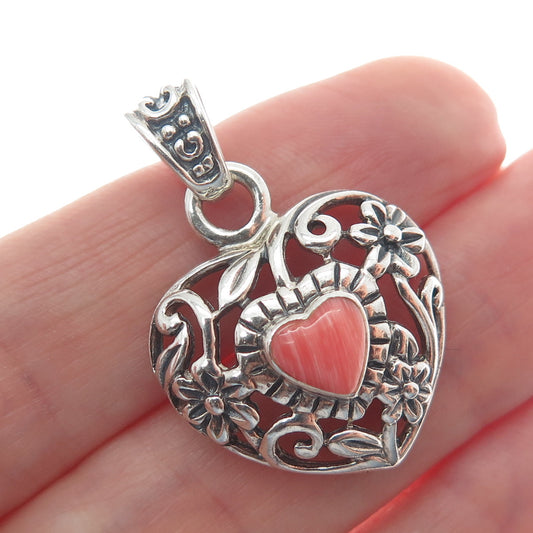 925 Sterling Silver Vintage Real Rhodonite Gemstone Flower Heart Pendant