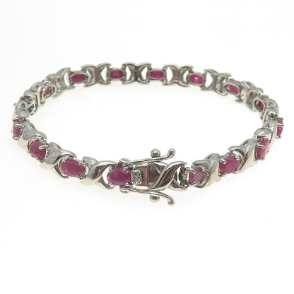 925 Sterling Silver Real Ruby "X" Tennis Link Bracelet 7.5"