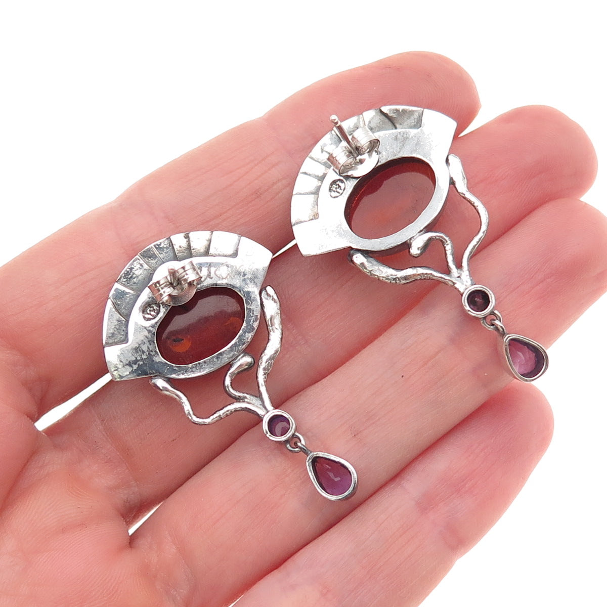 Michou 925 Sterling Silver Vintage Real Amber & Amethyst Modernist Earrings