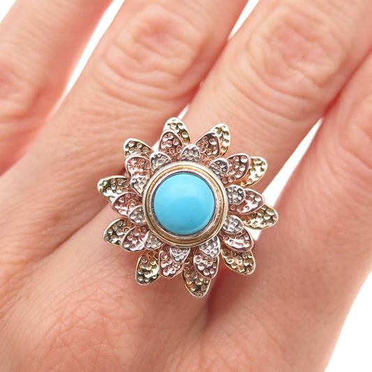 925 Sterling Silver 3-Tone Real Sleeping Beauty Turquoise Floral Ring Size 8.25