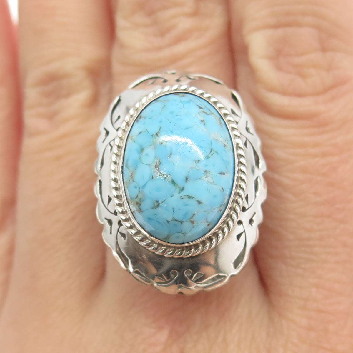 925 Sterling Silver Vintage Mexico Faux Turquoise Statement Ring Size 7.25