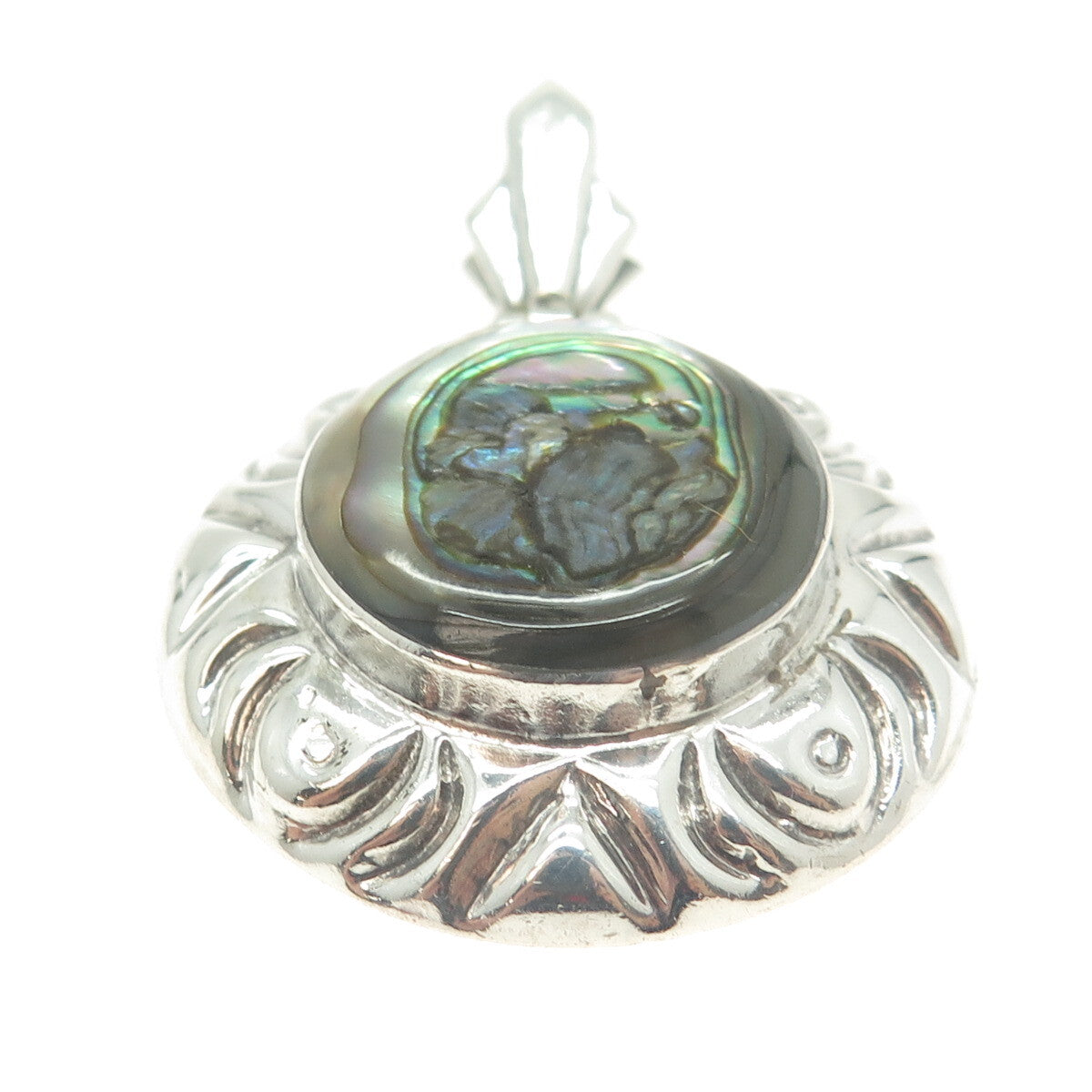 925 Sterling Silver Vintage Mexico Real Abalone Shell Round Pendant